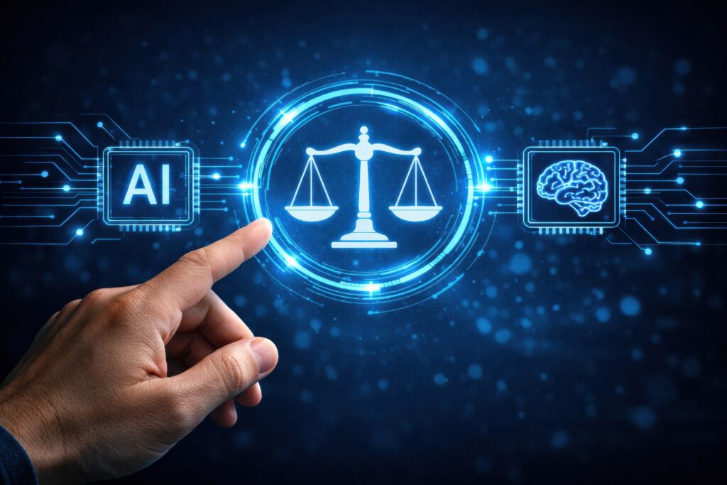 AI and human judgment in balance — scales between artificial intelligence and human brain representing governance decisions