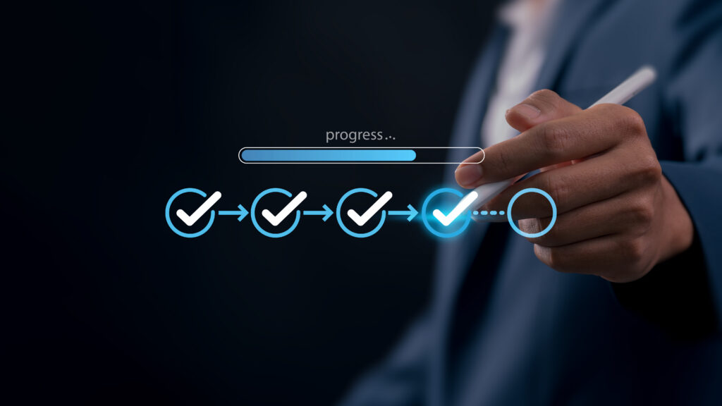 Step-by-step process workflow with sequential checkmarks showing application onboarding progress